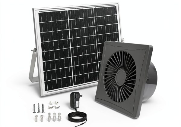 Solar Exhaust Fan, 25W Solar Panel + 8" Ventilation Vent Fan, with Power Adapter, Anti-backflow Valve, High Speed Solar Powered Exhaust Fan with Bracket for Shed, Chicken Coop, Greenhouse, Dog House-0